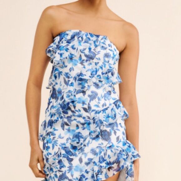 BHLDN Anthropologie Jia Bias-Cut Ruffled Blue Floral Strapless Dress SZ XS EUC - Picture 9 of 9